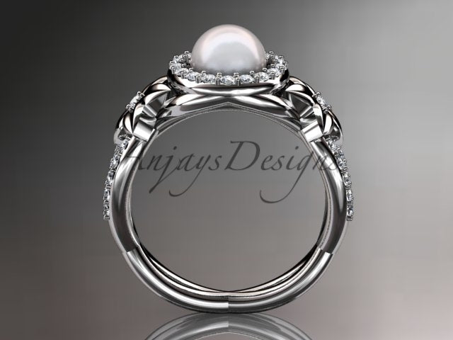 Scale and width profile view of the rose gold pearl flower ring on hand
