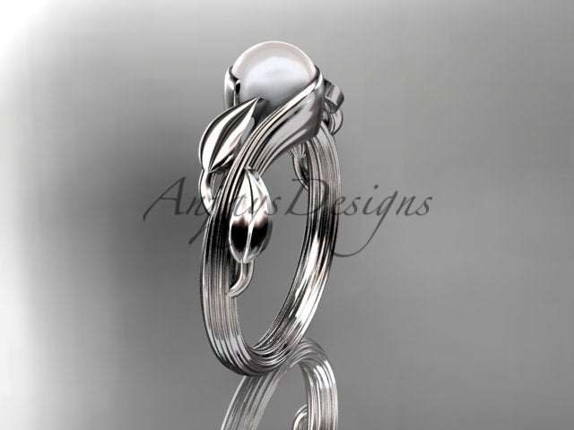 14K white gold pearl leaf and vine engagement ring with cultured pearl