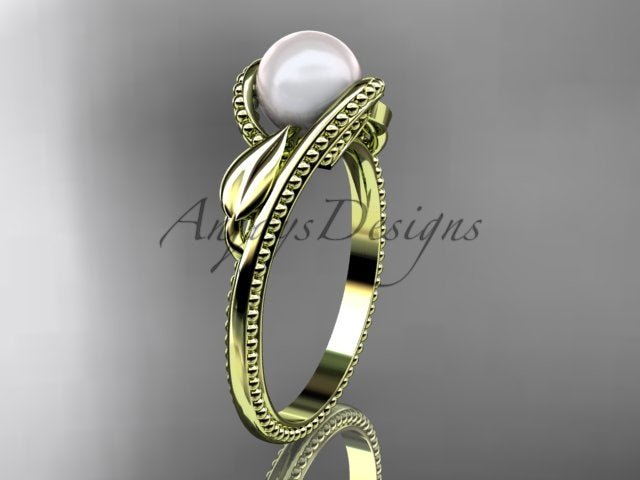 14K Rose Gold Beaded Milgrain Leaf Cultured Pearl Engagement Ring