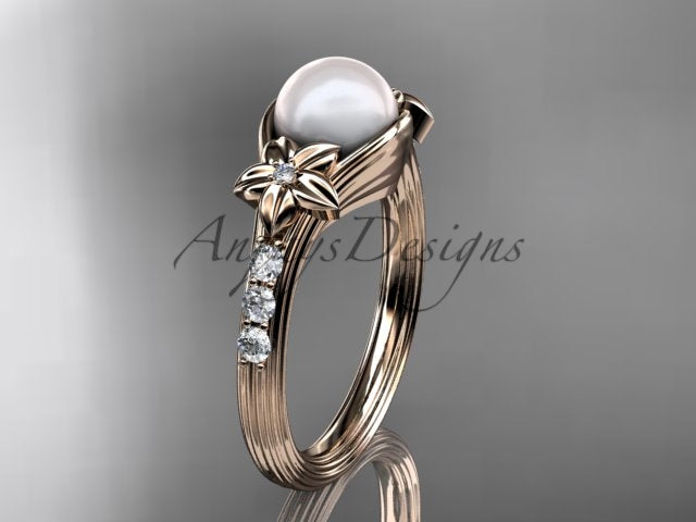 Three-quarter view of the 14K white gold pearl diamond ring