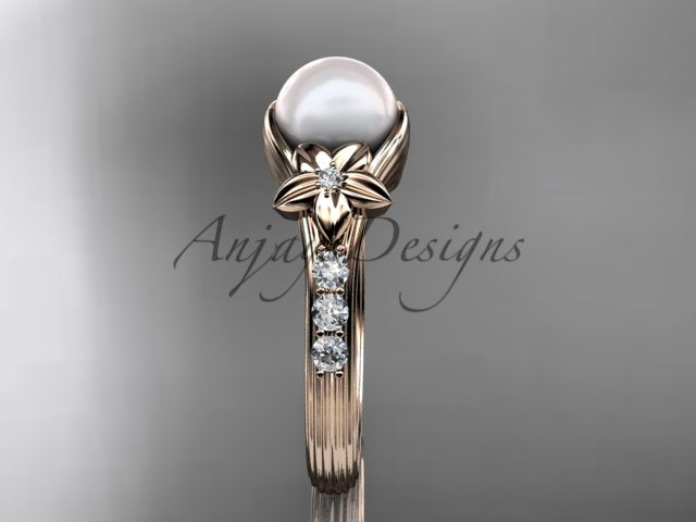 Polished white gold pearl engagement ring with sparkling diamond accents