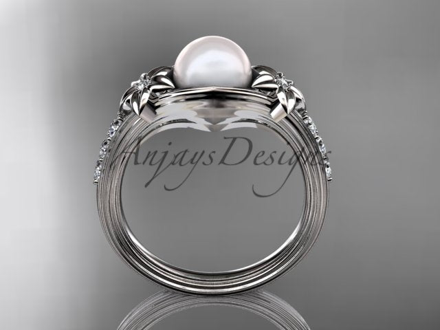 Detail of the floral accent and diamond-set band on the pearl ring