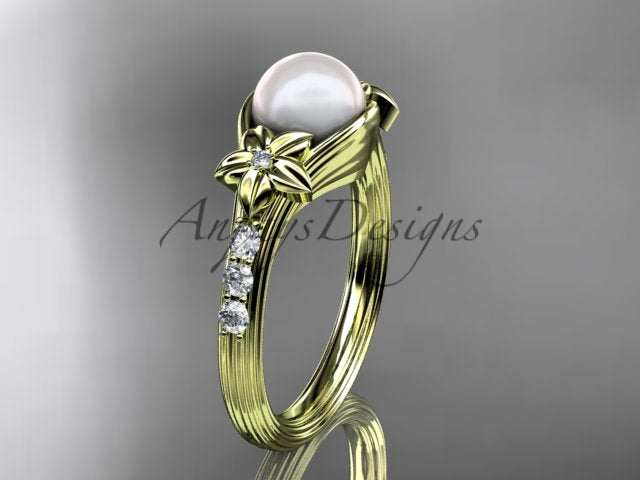 Floral detail beside the cultured pearl on the engagement ring