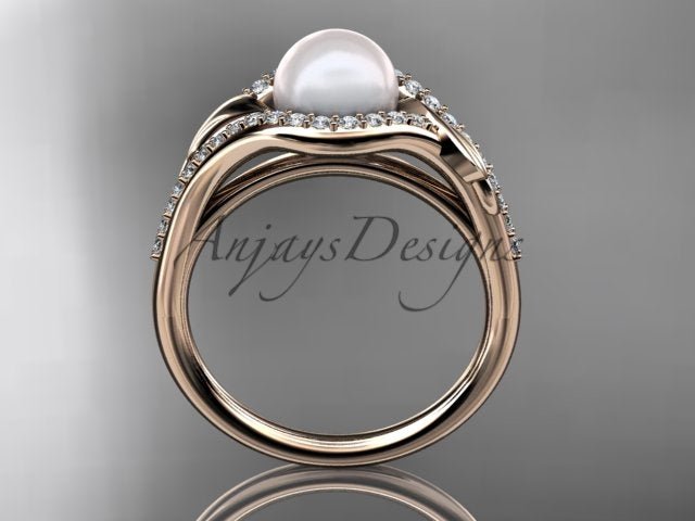 Side view of AP334 pearl ring showing its sculpted botanical setting
