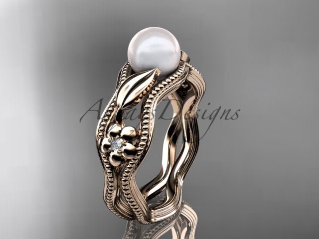 AP382 14K rose gold cultured pearl flower leaf and vine engagement ring