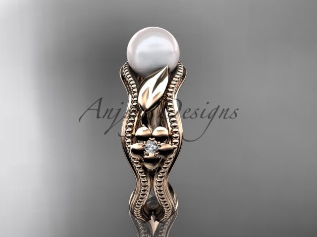 Side view of rose gold pearl ring with sculpted flower details