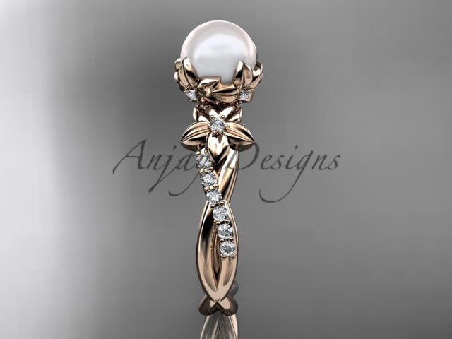 Smooth interior band construction and detailed floral basket beneath the pearl centerpiece   