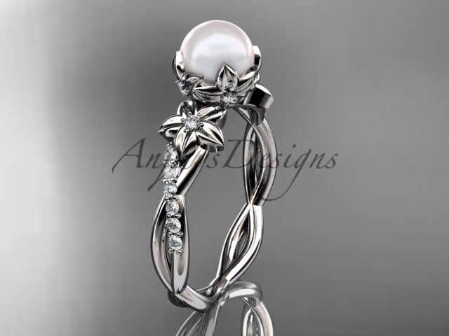 Front perspective view of 14K white gold cultured pearl and intertwined blossom engagement ring AP388   