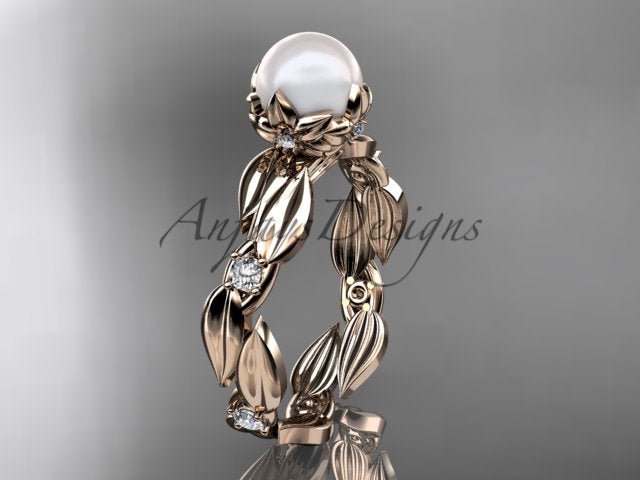 14K Rose Gold Pearl Vine and Leaf Diamond Engagement Ring - AnjaysDesigns