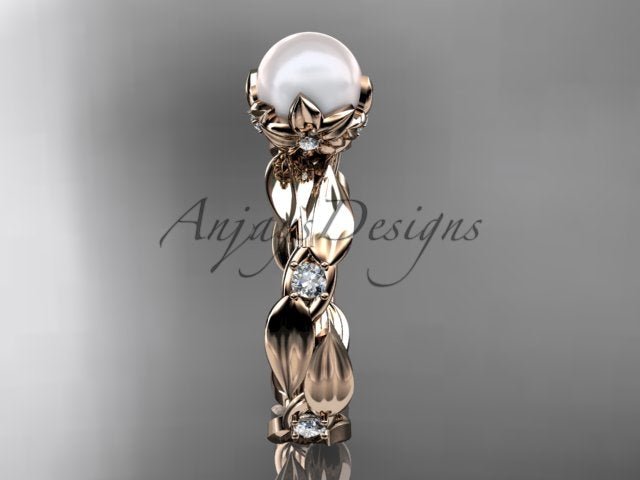 14K Rose Gold Pearl Vine and Leaf Diamond Engagement Ring - AnjaysDesigns
