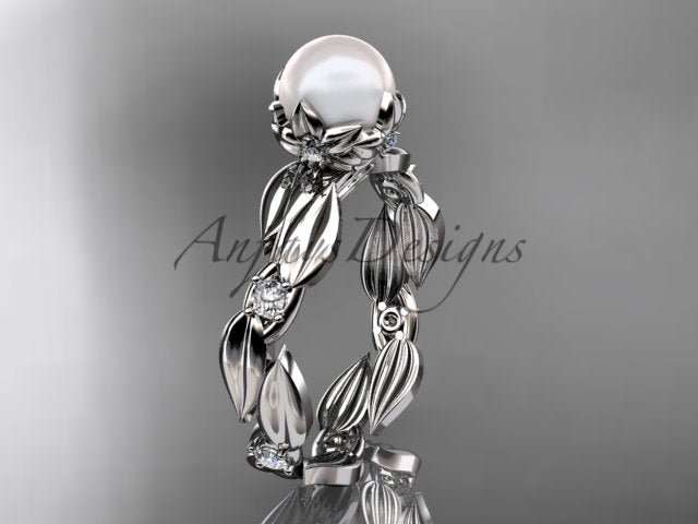 14K Rose Gold Pearl Vine and Leaf Diamond Engagement Ring - AnjaysDesigns