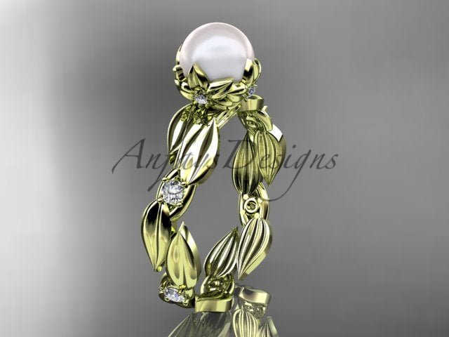 14K Rose Gold Pearl Vine and Leaf Diamond Engagement Ring - AnjaysDesigns