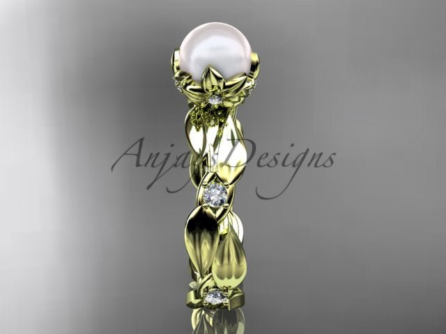 14K Rose Gold Pearl Vine and Leaf Diamond Engagement Ring - AnjaysDesigns
