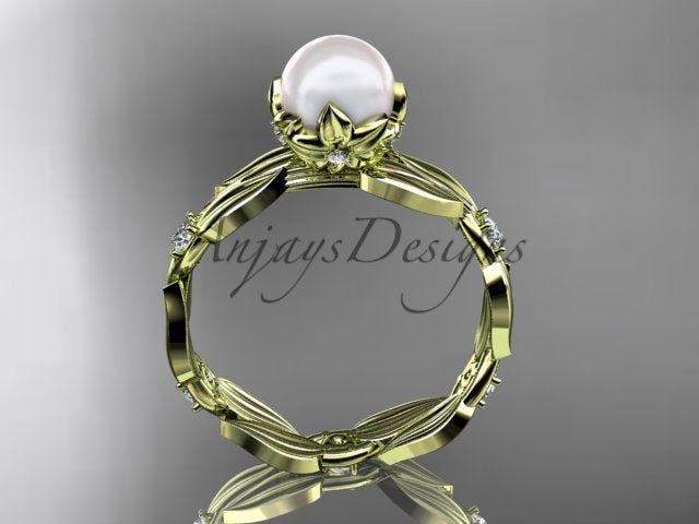 14K Rose Gold Pearl Vine and Leaf Diamond Engagement Ring - AnjaysDesigns