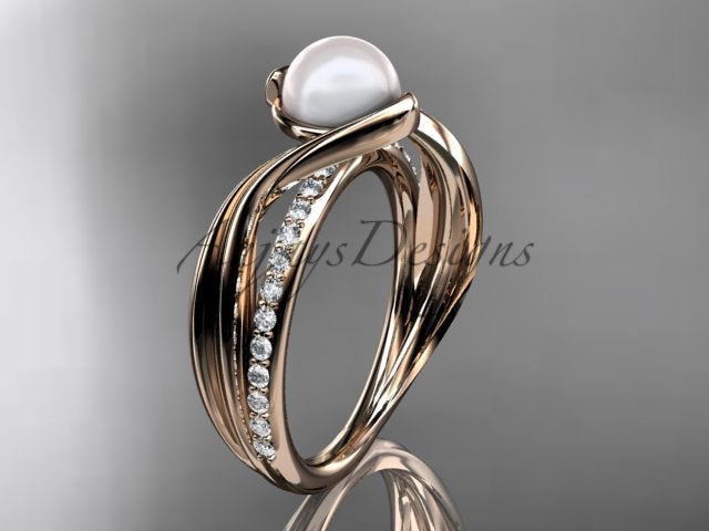 Front perspective view of 14K rose gold cultured pearl and lab grown diamond vine engagement ring AP78   