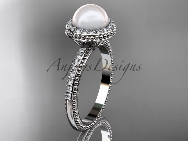 Front perspective view of 14K white gold cultured pearl and lab grown diamond halo engagement ring AP95   