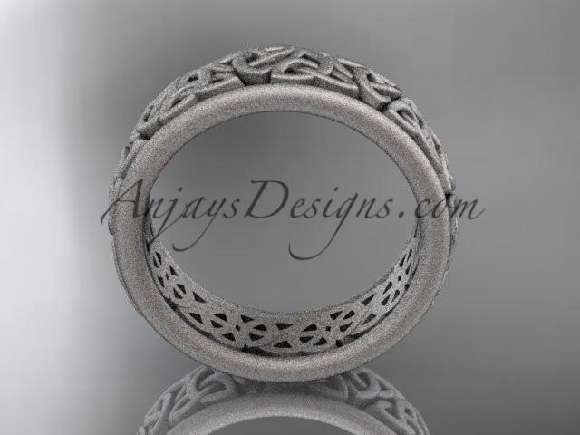 Top-down view of 14K white gold matte finish Celtic wedding ring CT7163G displaying 6.4mm width