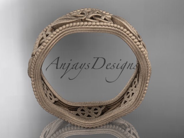 Top-down view of 14K rose gold leaf pattern matte finish Celtic wedding ring CT7190G displaying 7.60mm width   
