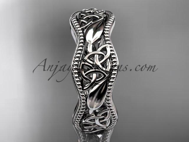 Side view of 14K rose gold Celtic trinity knot and leaf wedding band CT7190G showing profile height