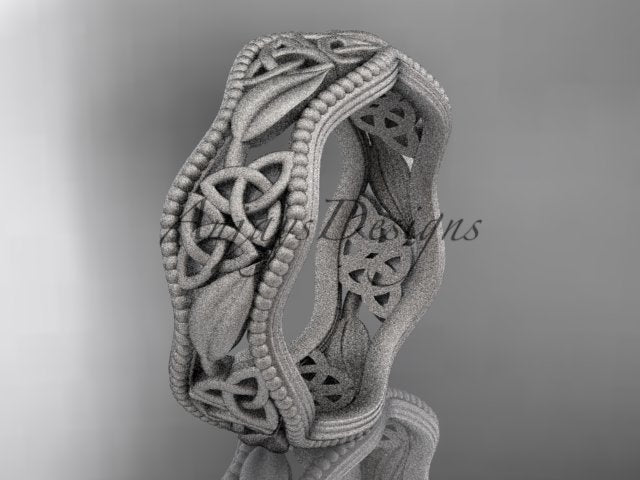7.60mm width perspective of 14K white gold Celtic matte finish leaf pattern ring CT7190G   