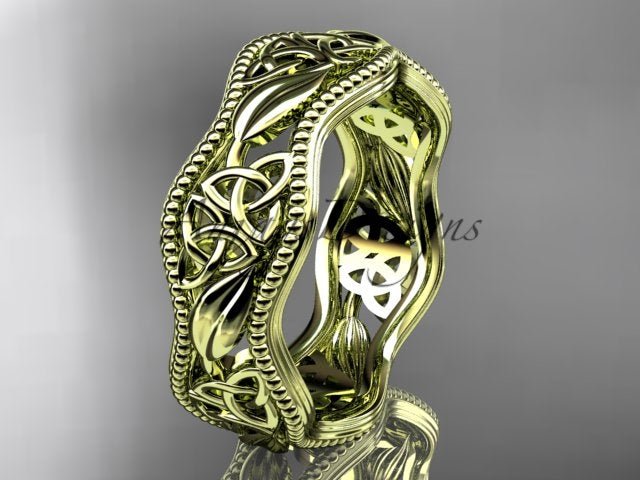 14K Yellow Gold Celtic Trinity Knot Leaf Pattern Wedding Band Ring