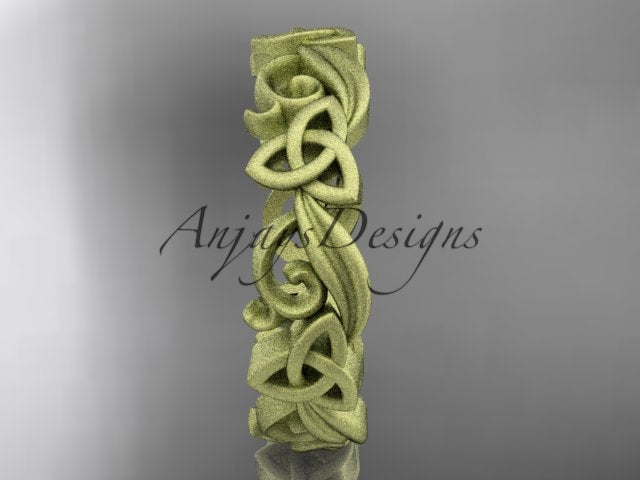 Side angle view of 14K yellow gold matte finish diamond Celtic trinity ring CT7191B showing 2.0mm thickness   