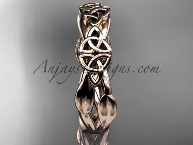 Side view of 14K rose gold Celtic trinity knot and leaf wedding band CT7204G showing 2.95mm profile height