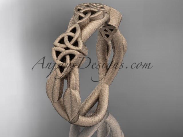 Top-down view of 14K rose gold leaf pattern matte finish Celtic wedding ring CT7204G displaying 6.0mm width