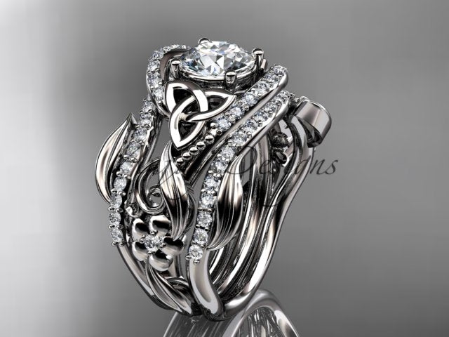 14K white gold Celtic bridal set with intricate metalwork