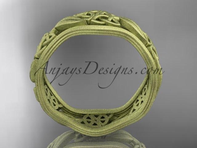 Top-down view of 14K yellow gold leaf pattern matte finish Celtic wedding ring CT7504G displaying 7.60mm width   