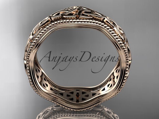 Studio lighting highlighting radiant 14K rose gold tone on Celtic trinity band CT750B   