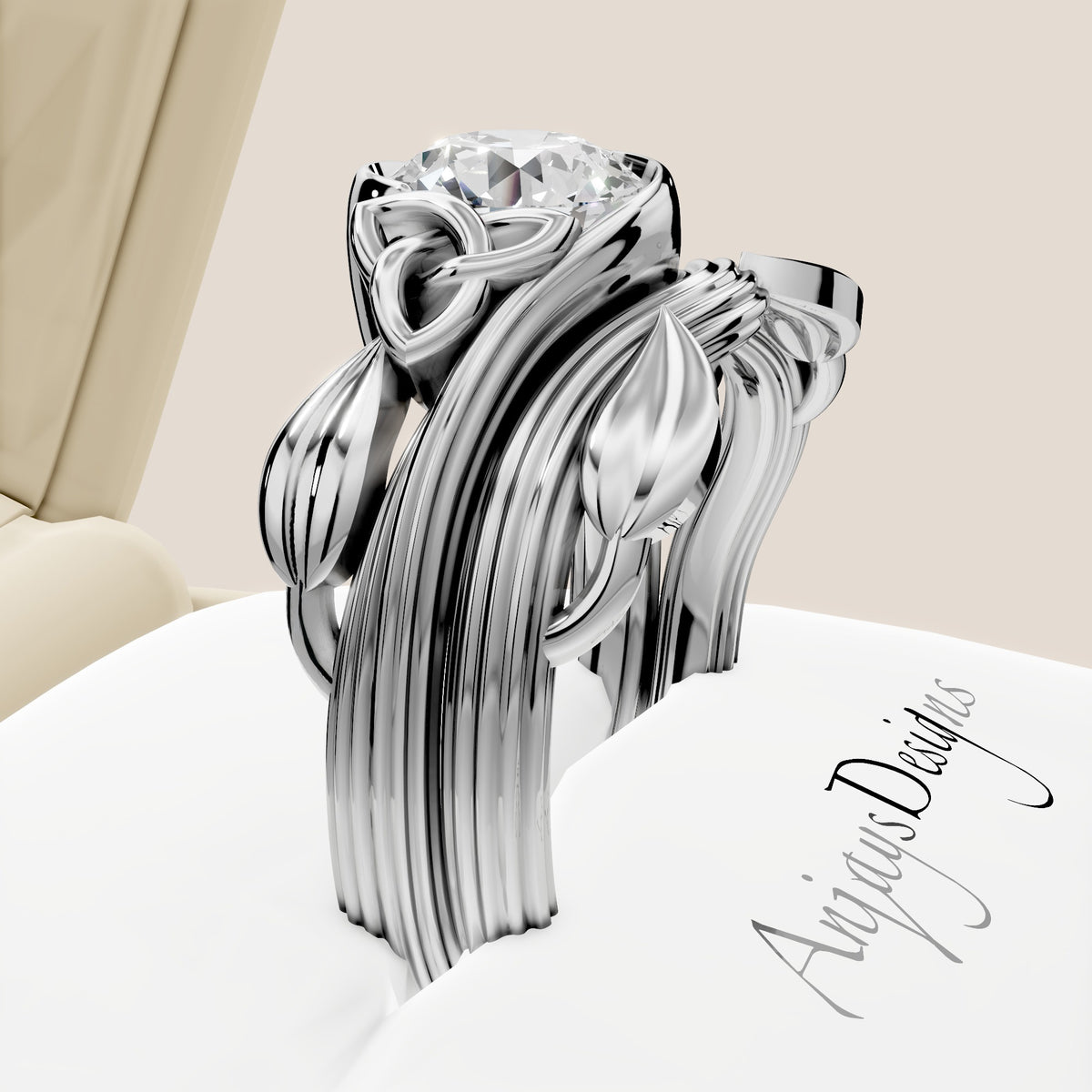 Nature inspired Celtic engagement ring and matching wedding band