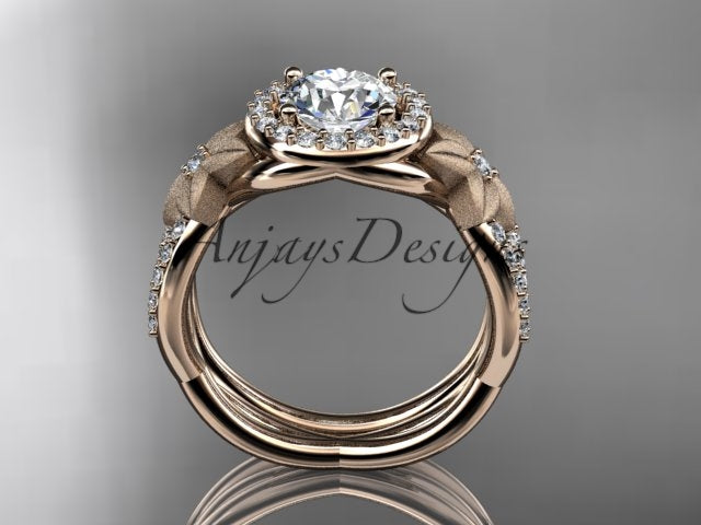 Rose gold diamond wedding ring set, style ADLR127S. Side profile view showing the nested circular bands and sculpted leaf details on the shoulders.
