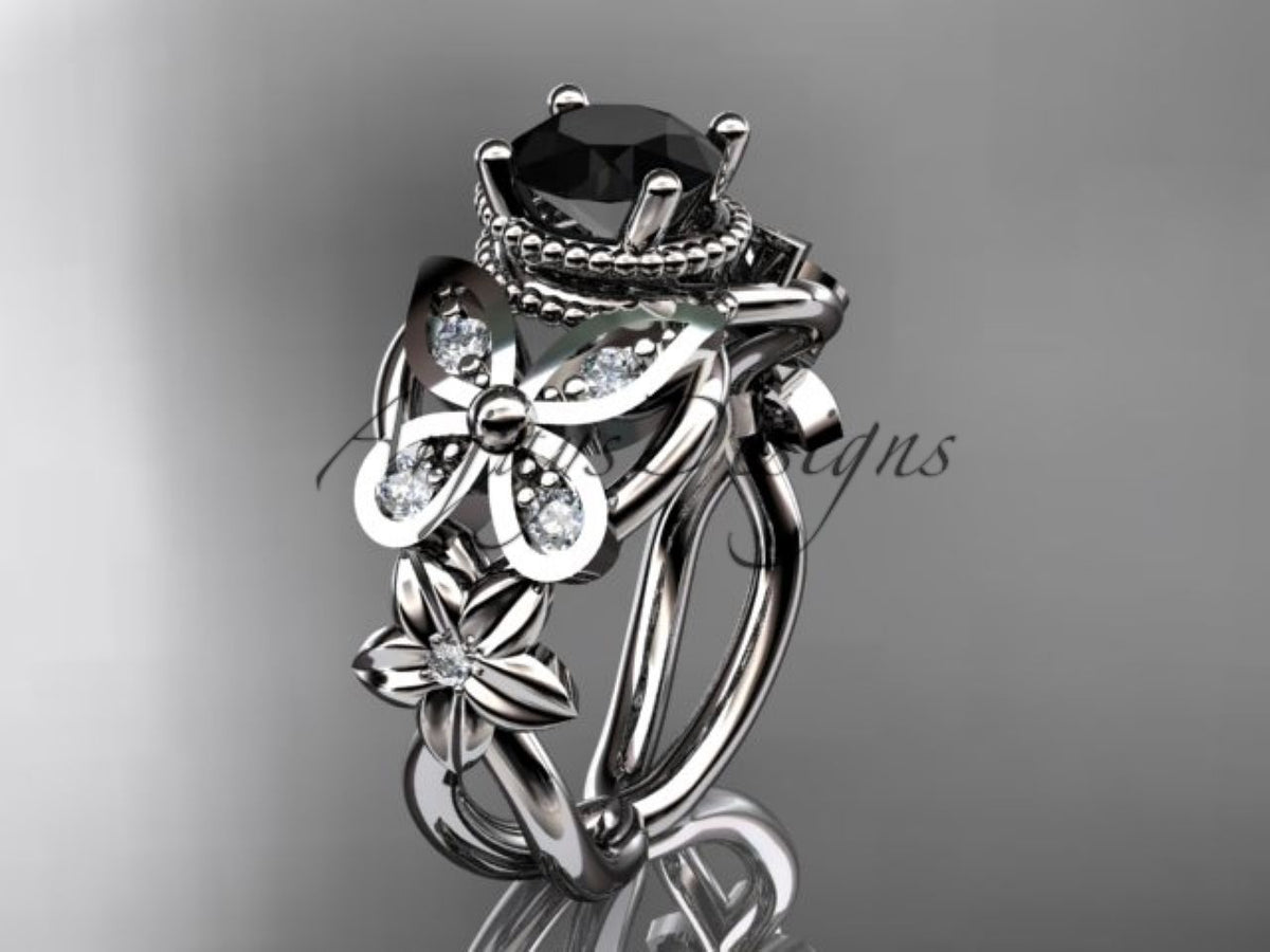 ADLR136 14K white gold black diamond butterfly engagement ring