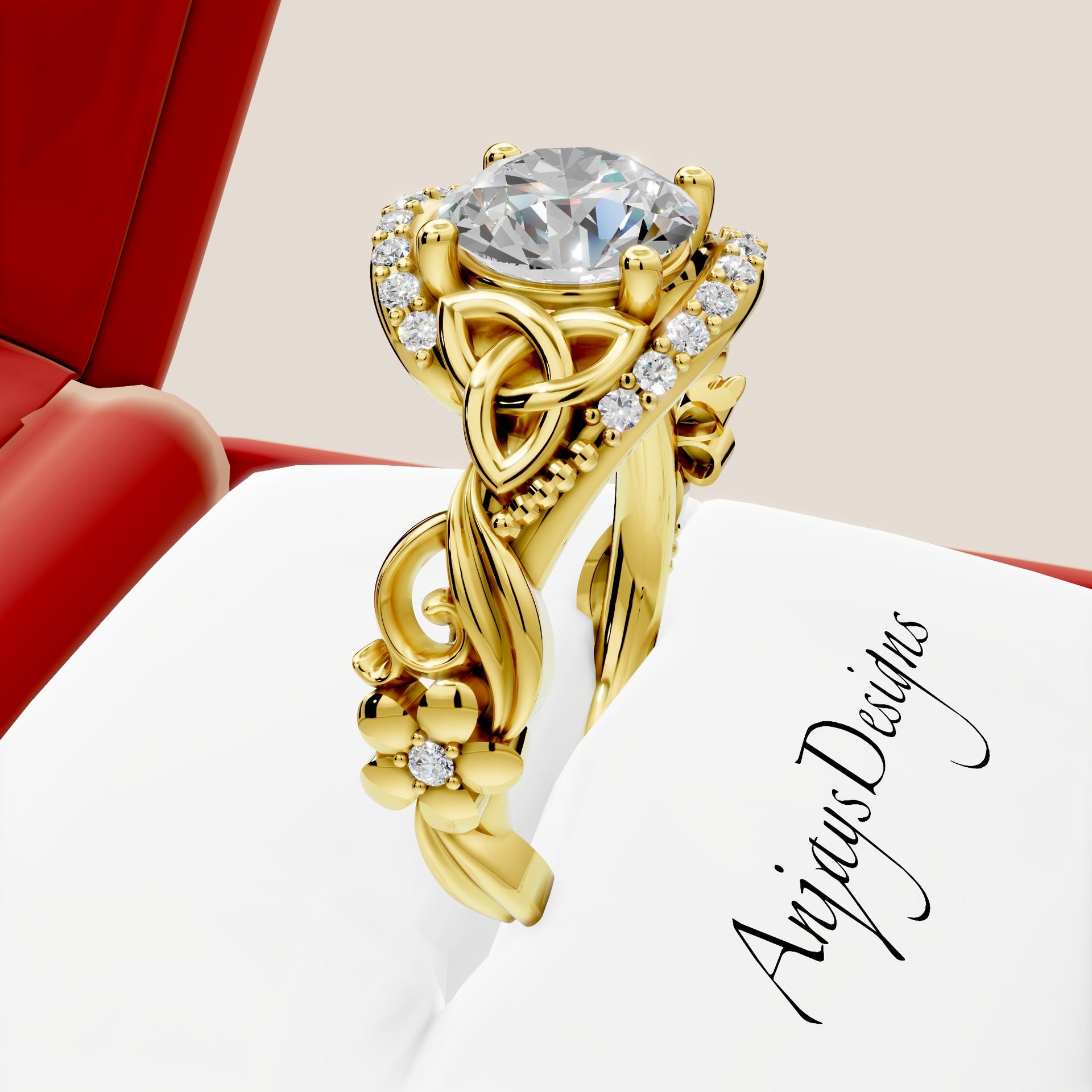 Celtic Engagement Ring 2 Carat Round Lab Grown Diamond Trinity Knot Wedding Ring Nature Inspired
