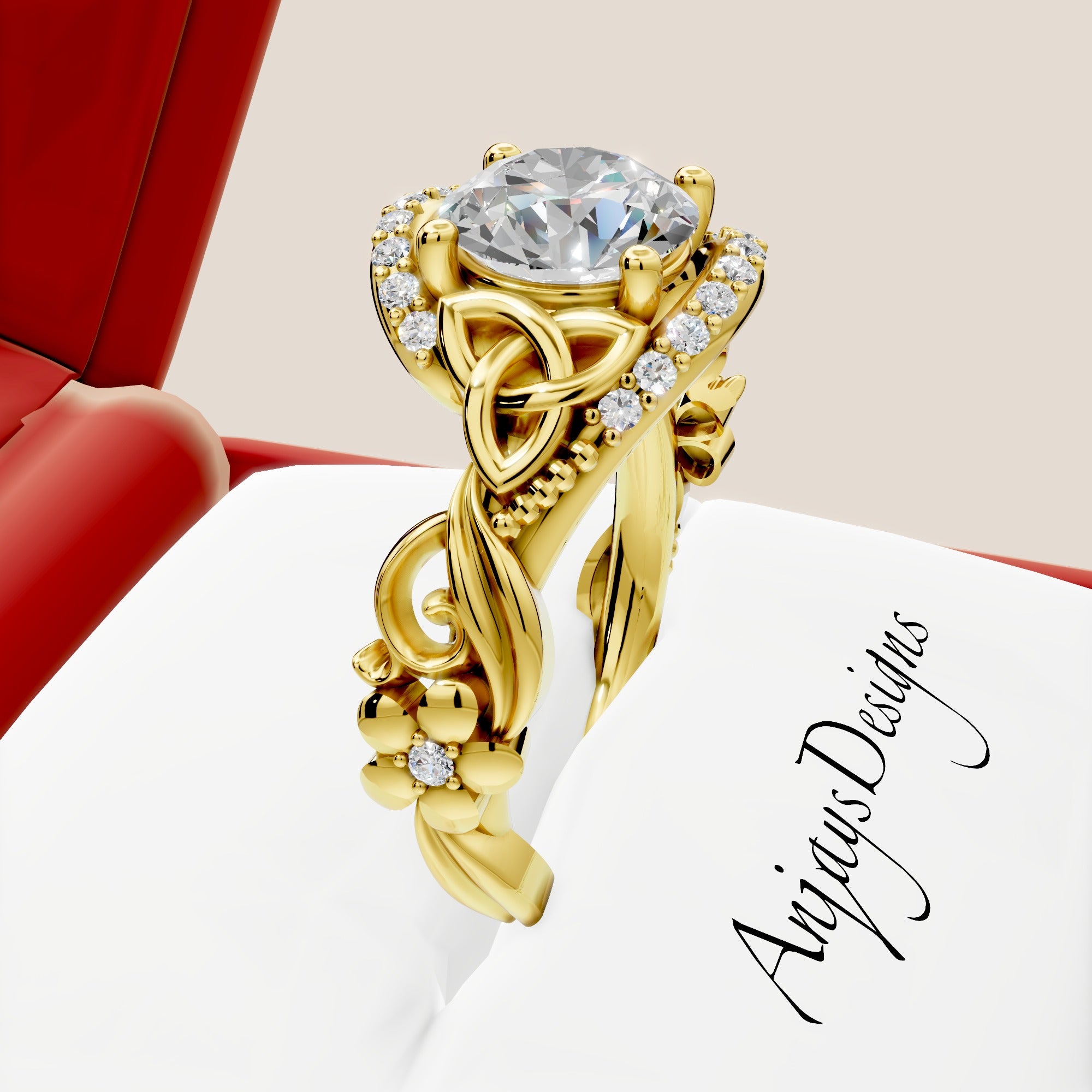 Celtic Engagement Ring 2 Carat Round Lab Grown Diamond Trinity Knot Wedding Ring Nature Inspired