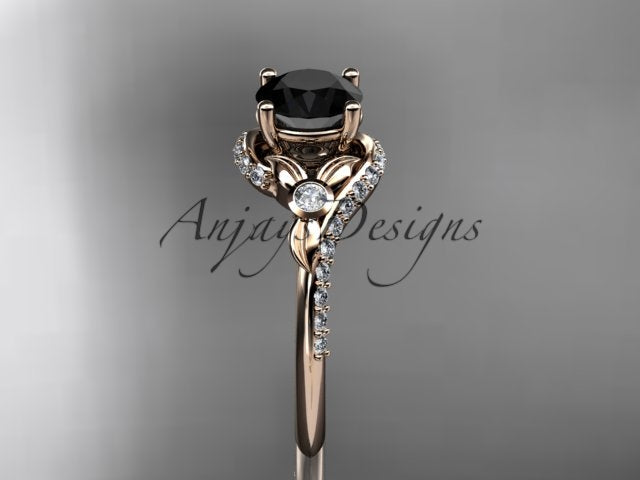  Rose gold black diamond wedding ring set, style ADLR112BD. Front view highlighting the contrast between the dark round center stone, warm rose gold leaves, and a sweeping curve of pave white diamonds.