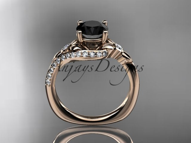 Rose gold black diamond wedding ring set, style ADLR112BD. Side profile view showing the interlocking circular rose gold shanks and the structural underside of the nature-inspired setting.