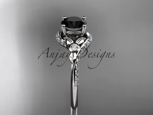  White gold black diamond wedding ring set, style ADLR112BD. Front view showcasing the striking monochrome aesthetic of a black diamond center stone framed by bright white gold leaf accents and white pave rows.