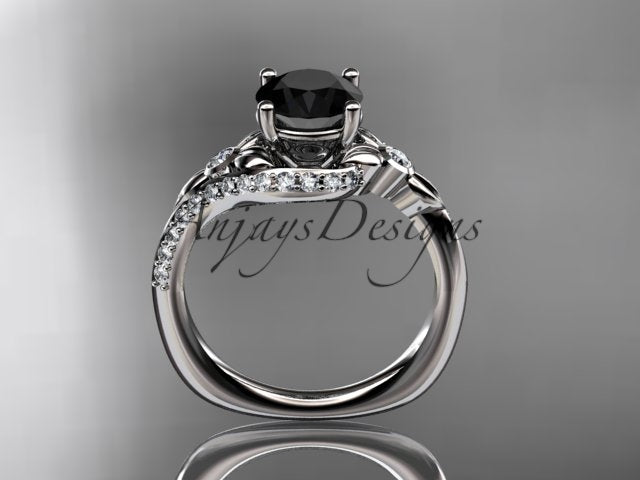 White gold black diamond wedding ring set, style ADLR112BD. Side profile view demonstrating how the custom curved white gold wedding band contours perfectly beneath the raised leaf crown framework.
