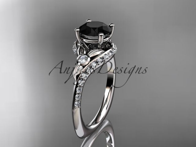 White gold black diamond wedding ring set, style ADLR112BD. Three-quarter profile view displaying the polished white metal option with a dark round brilliant center stone nestled against a curved pave accent band.