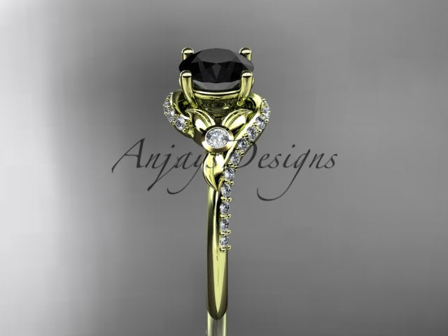 Yellow gold black diamond wedding ring set, style ADLR112BD. Front profile view emphasizing the distinct contrast between the polished yellow gold vine contours and the bold round black diamond centerpiece.