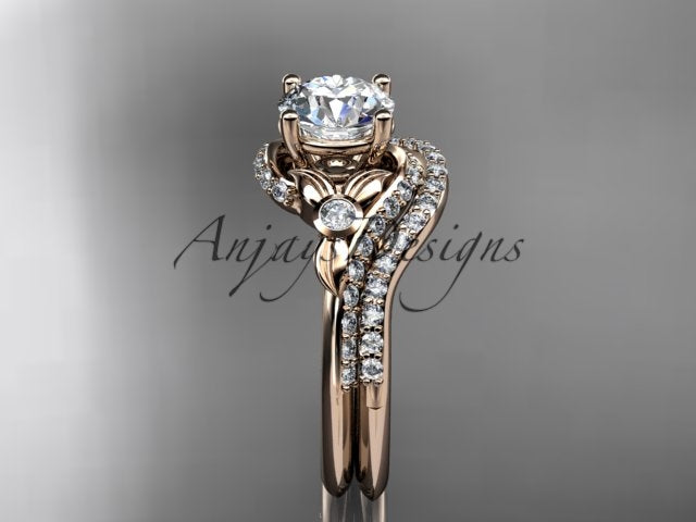 Rose gold diamond wedding ring set, style ADLR112S. Front view highlighting the organic asymmetrical leaf contours and a sweeping double row of pave-set diamond accents.
