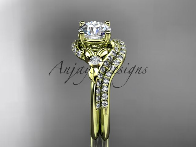 • Yellow gold diamond wedding ring set, style ADLR112S. Front profile view emphasizing the contrast between the polished yellow gold leaf details and the white diamond rows.
