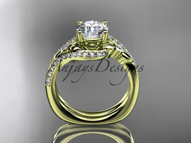 • Yellow gold diamond wedding ring set, style ADLR112S. Side profile view showing the nested circular yellow gold bands and the detailed underside of the leaf bypass setting.
