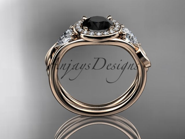 Rose gold black diamond wedding ring set, style ADLR314BD. Side profile view showing the interlocking circular rose gold bands stacked together smoothly under the raised center setting.