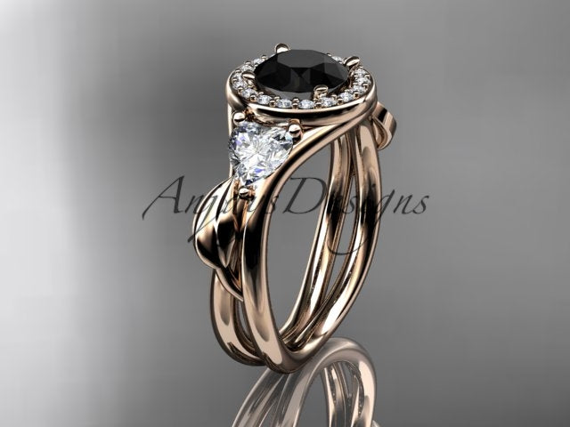 •  Rose gold black diamond wedding ring set, style ADLR314BD. Three-quarter profile view showcasing a round black diamond center stone with a white diamond halo and heart-shaped side diamonds nested against a curved wedding band.
