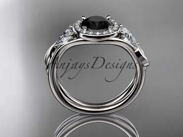 White gold black diamond wedding ring set, style ADLR314BD. Side profile view showing how the custom curved white gold wedding band contours seamlessly beneath the stacked structure.