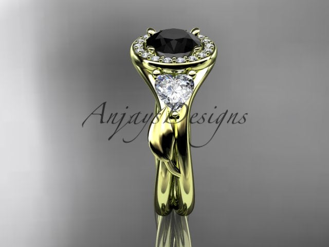 Yellow gold black diamond wedding ring set, style ADLR314BD. Front profile view emphasizing the distinct outline of the polished yellow gold vine shanks paired with white heart diamonds and a bold black centerpiece.