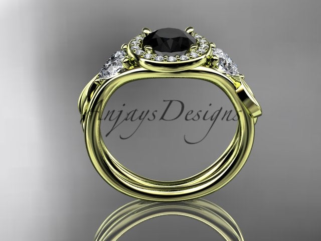 Yellow gold black diamond wedding ring set, style ADLR314BD. Side profile view showing the nested circular yellow gold bands stacked cleanly together under the raised central black diamond halo and heart-shaped side settings.